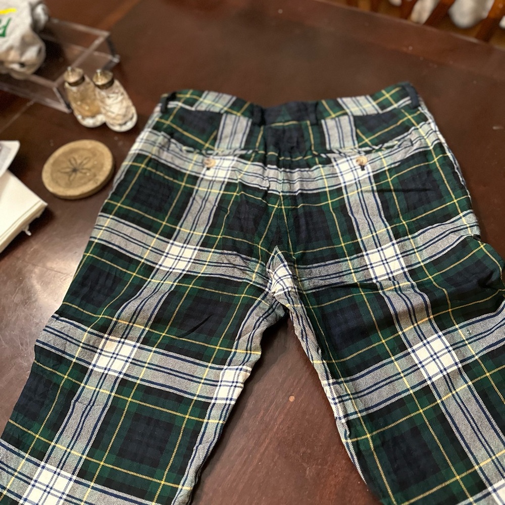 Plaid, flat front plaid pants.